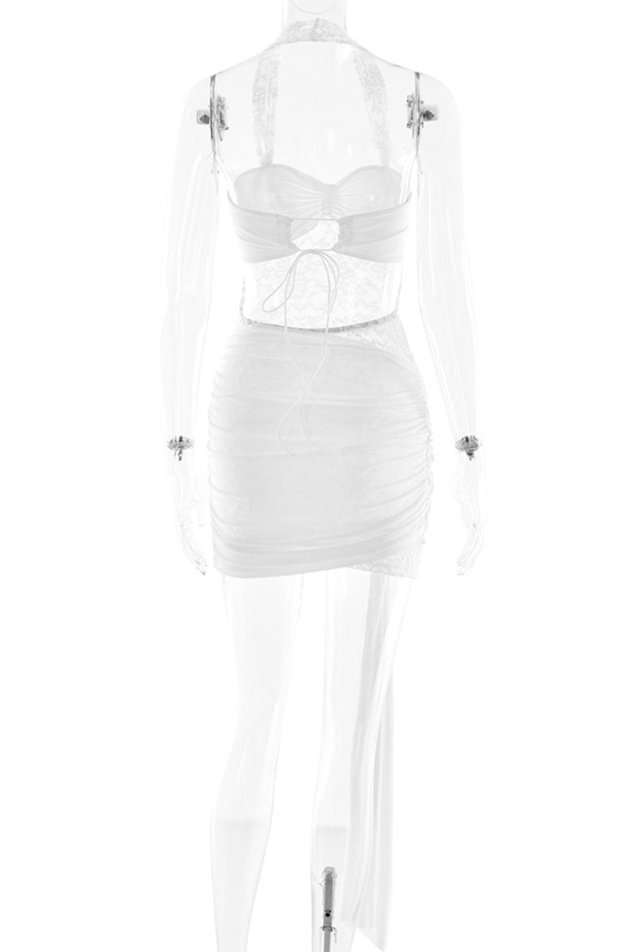 Sexy slight stretch stitching see-through lace halter-neck mini dress