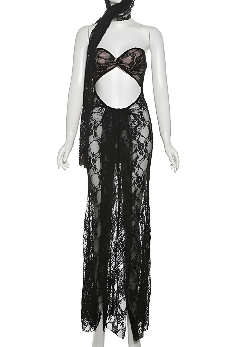 Sexy stretch see through lace stitching tube hollow maxi dress with ribbon