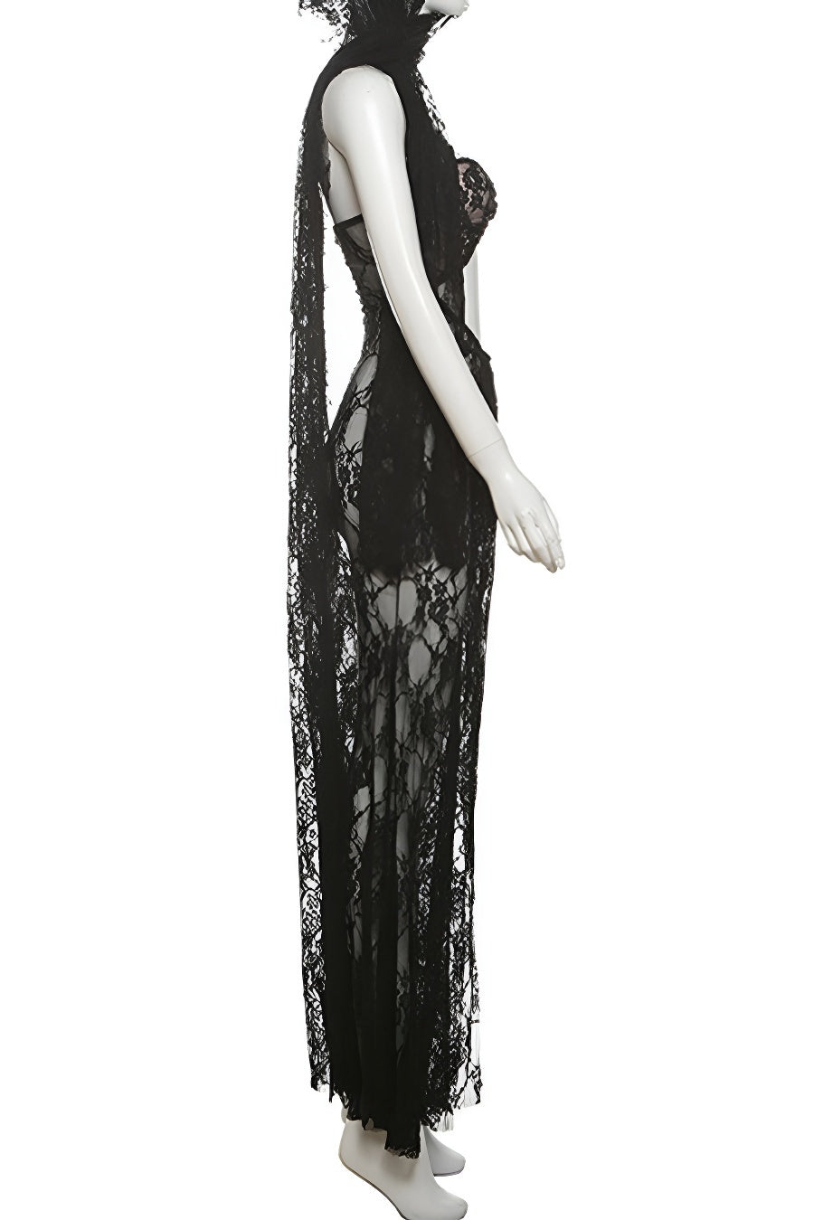 Sexy stretch see through lace stitching tube hollow maxi dress with ribbon