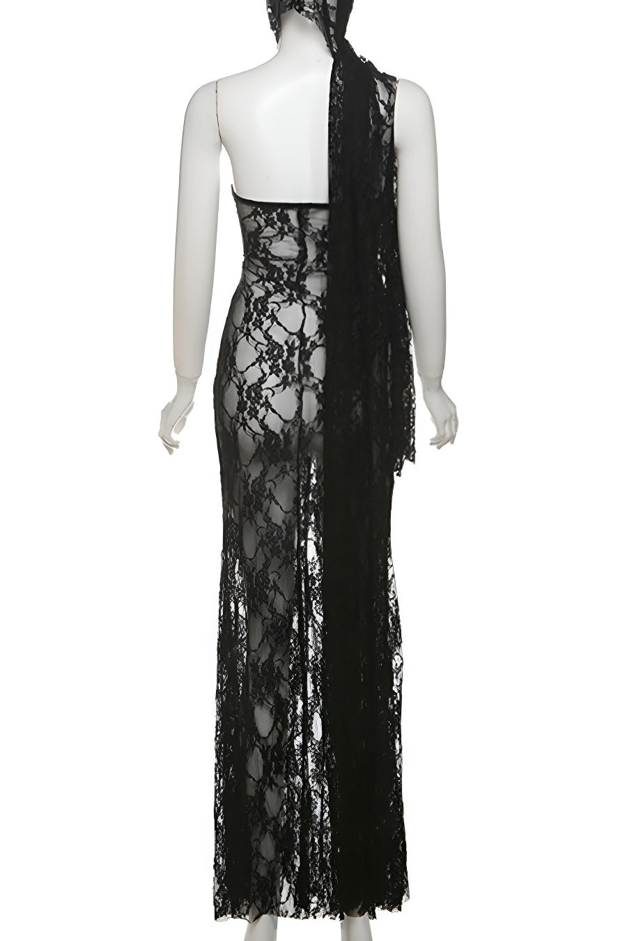 Sexy stretch see through lace stitching tube hollow maxi dress with ribbon