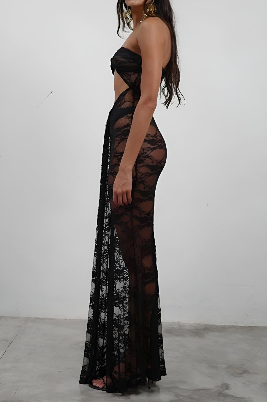Sexy stretch see through lace stitching tube hollow maxi dress with ribbon