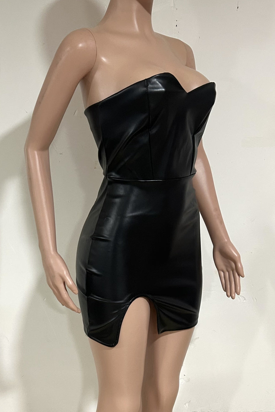 Sexy non-stretch pu solid color tube design zip-up slim mini dress