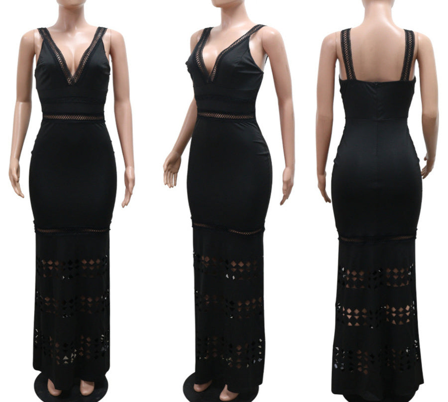 Sexy plus size slight stretch v-neck cutout maxi dress