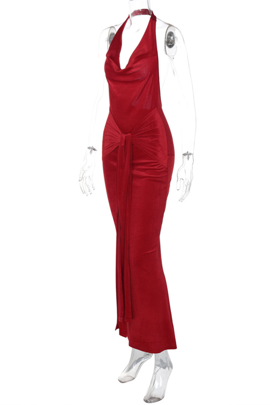 Sexy slight stretch halter-neck solid color kink backless maxi dress