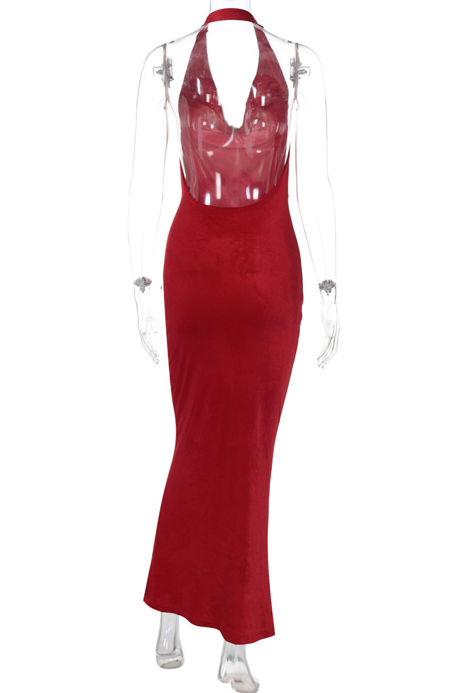 Sexy slight stretch halter-neck solid color kink backless maxi dress