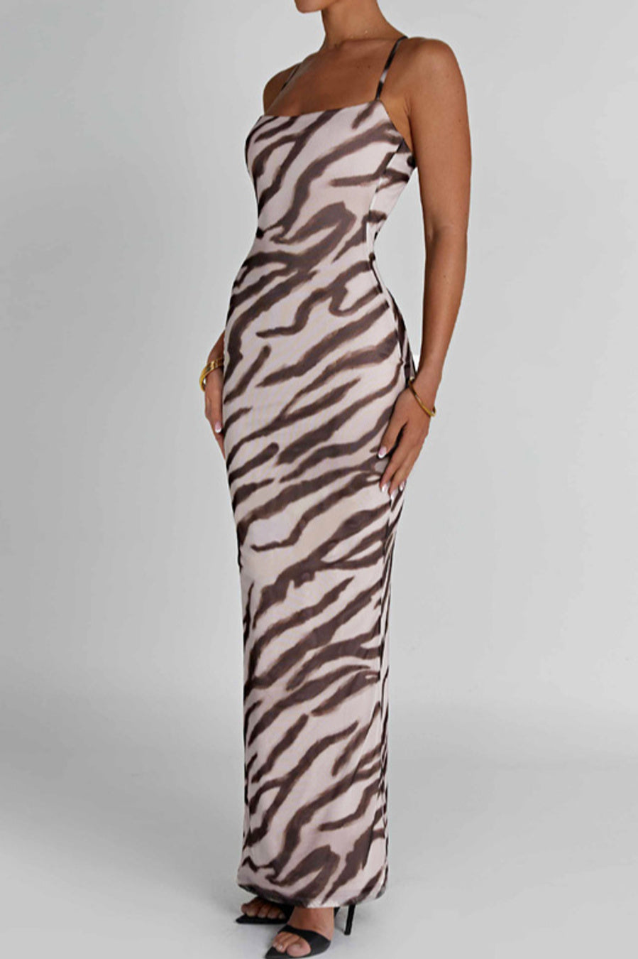 Sexy slight stretch zebra printing halter-neck maxi dress