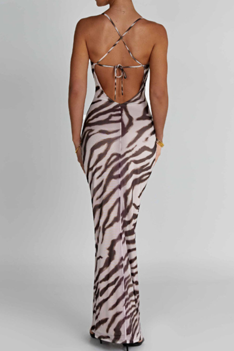 Sexy slight stretch zebra printing halter-neck maxi dress