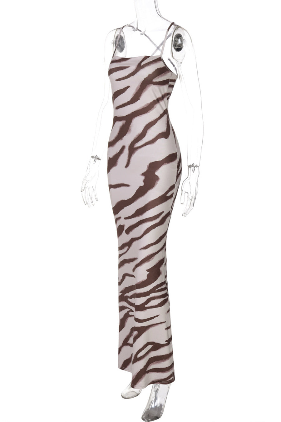 Sexy slight stretch zebra printing halter-neck maxi dress