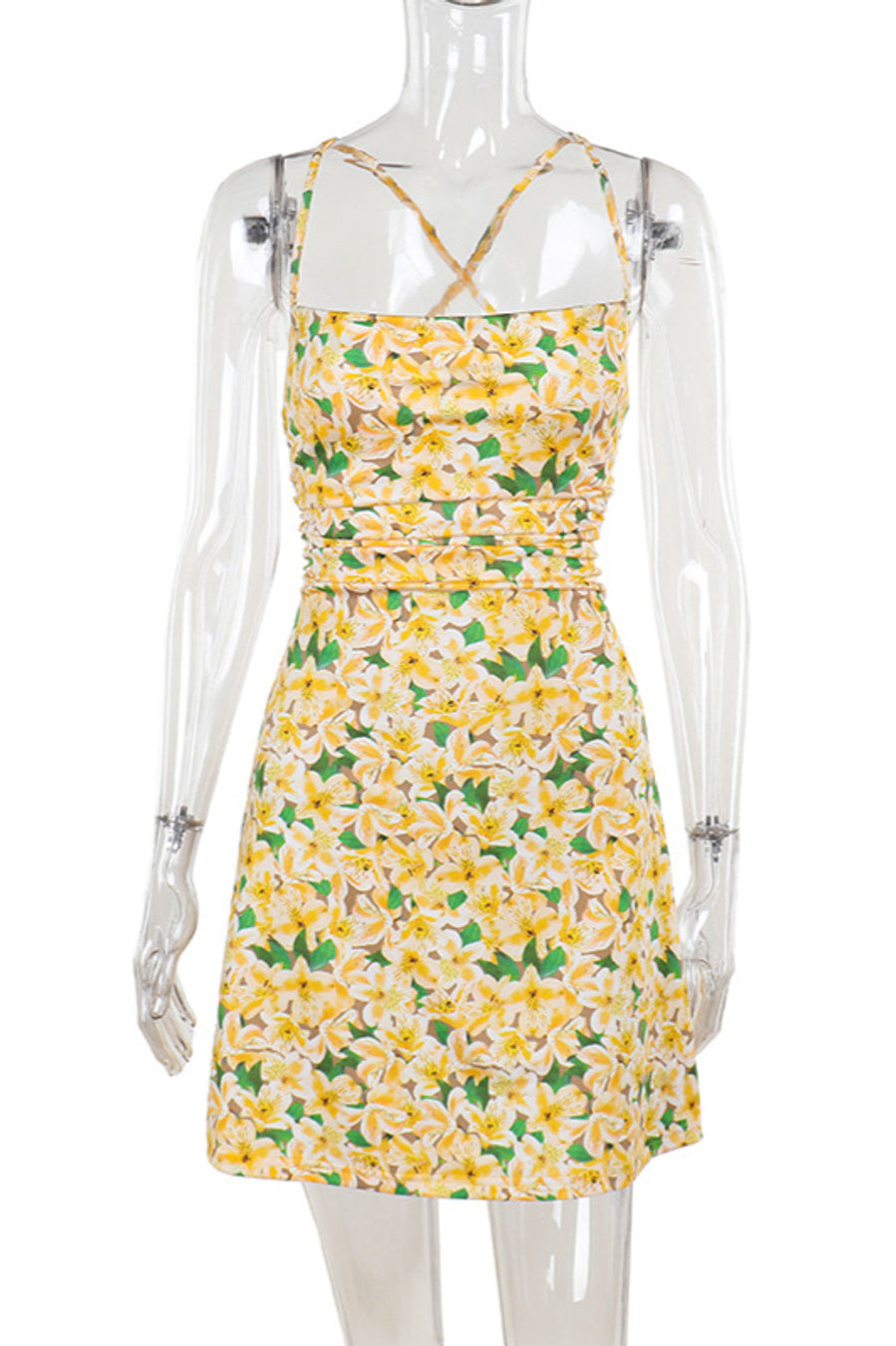 Sexy slight stretch flower batch printing backless lace-up mini dress