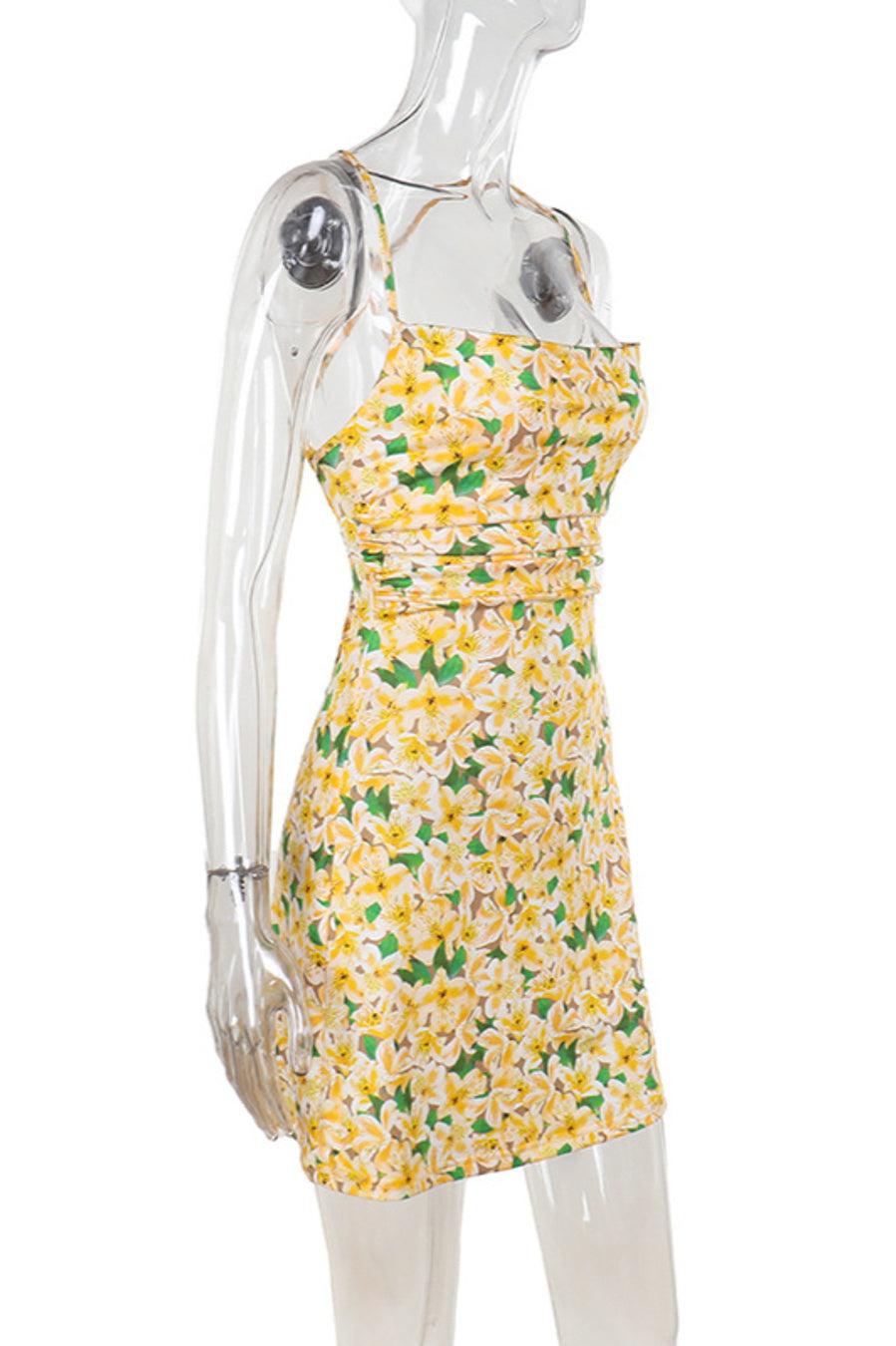 Sexy slight stretch flower batch printing backless lace-up mini dress