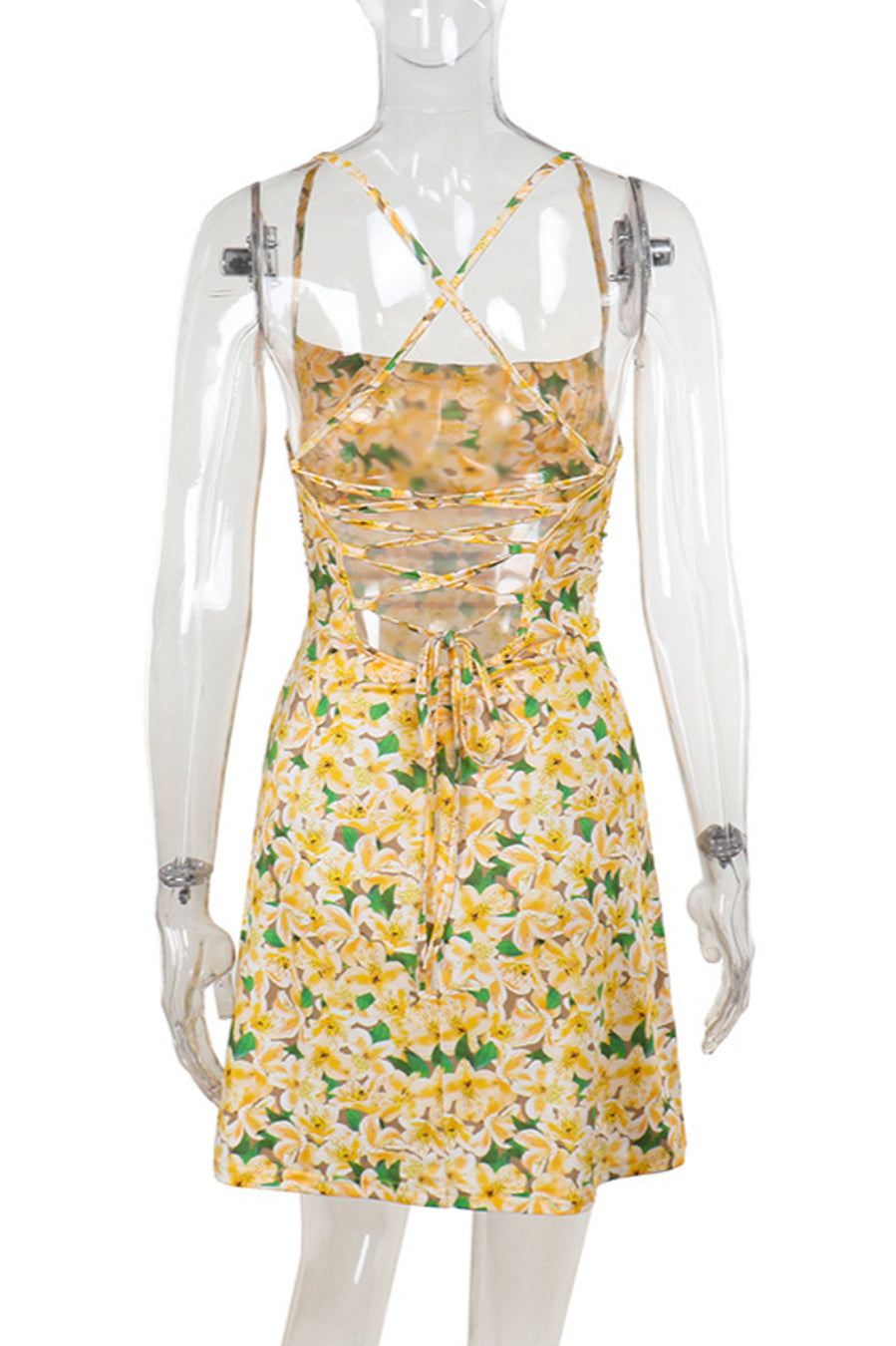 Sexy slight stretch flower batch printing backless lace-up mini dress