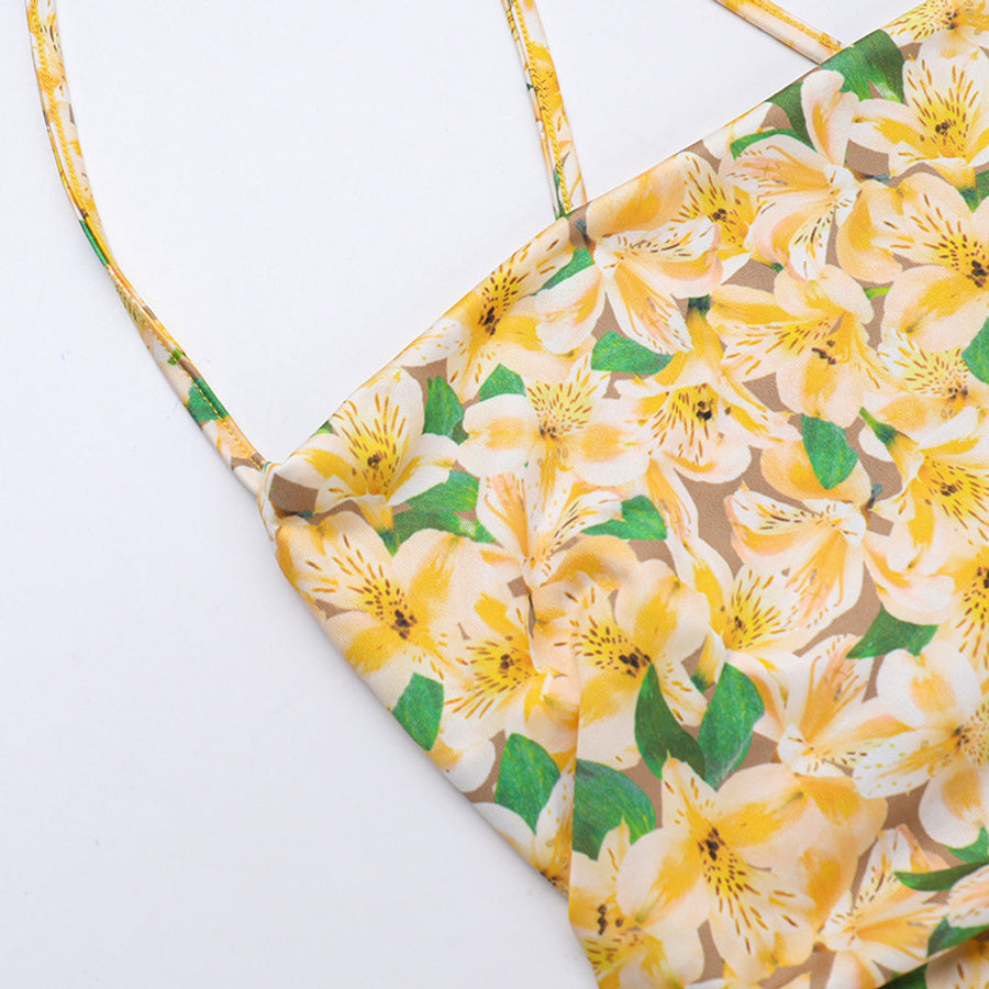 Sexy slight stretch flower batch printing backless lace-up mini dress