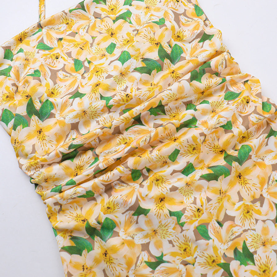 Sexy slight stretch flower batch printing backless lace-up mini dress