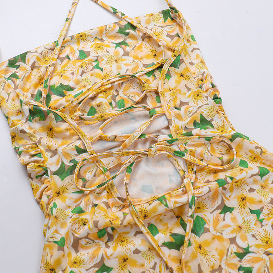 Sexy slight stretch flower batch printing backless lace-up mini dress