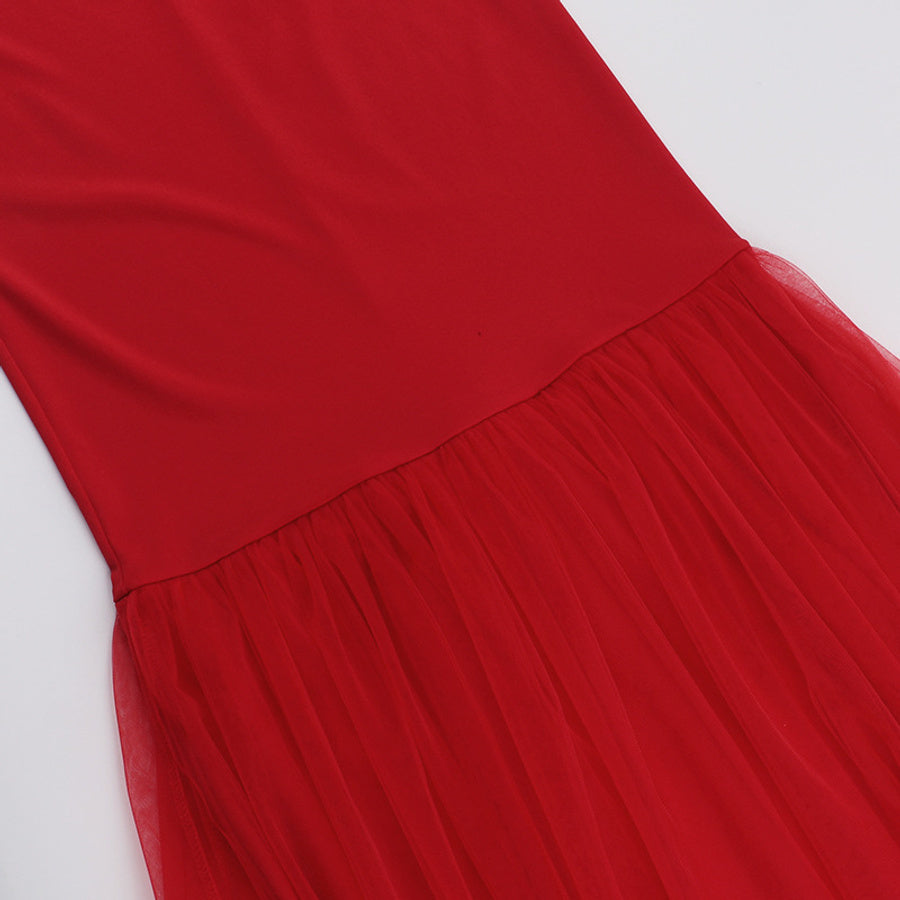 Sexy slight stretch stitching mesh halter-neck maxi dress