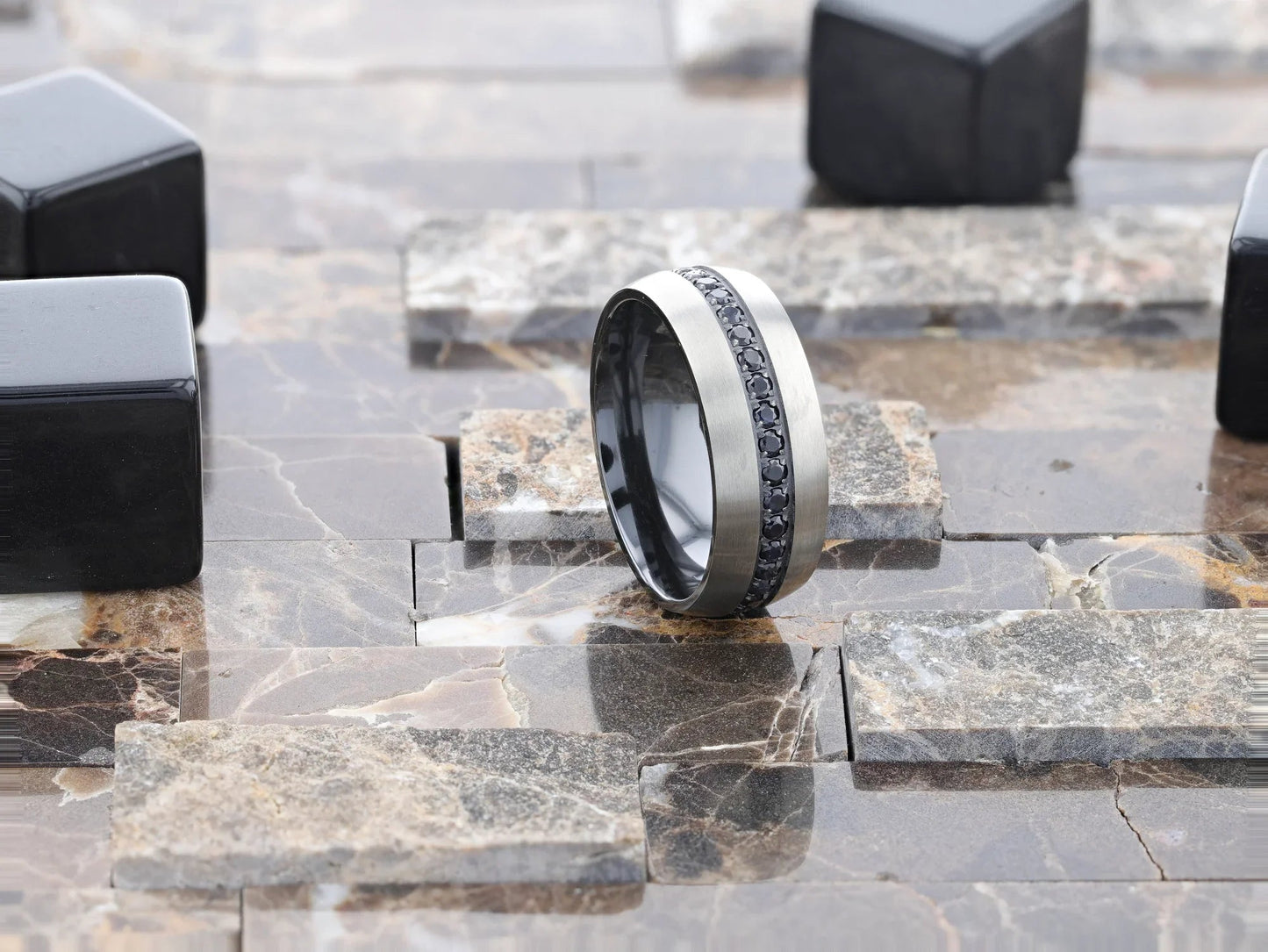 AVIATOR Domed Brushed Titanium Men's Wedding Band with Black Sapphire Stones Inlay - 8mm