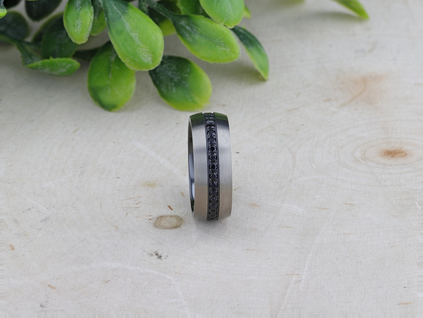 AVIATOR Domed Brushed Titanium Men's Wedding Band with Black Sapphire Stones Inlay - 8mm