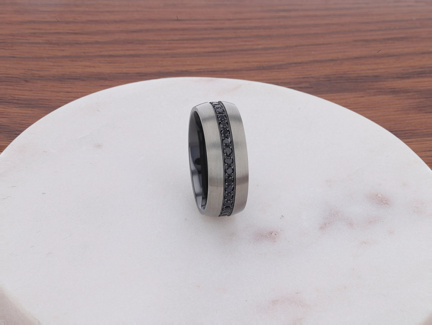 AVIATOR Domed Brushed Titanium Men's Wedding Band with Black Sapphire Stones Inlay - 8mm