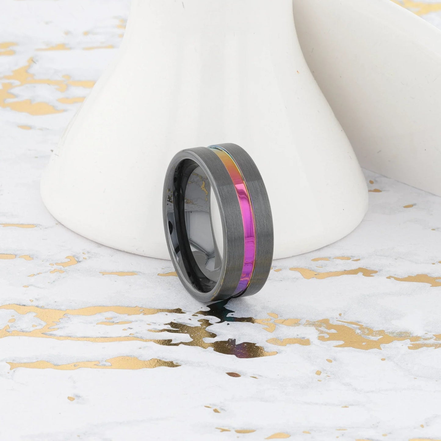 AZURE Flat Black Ceramic Ring Brushed with Rainbow Groove - 4mm - 8mm