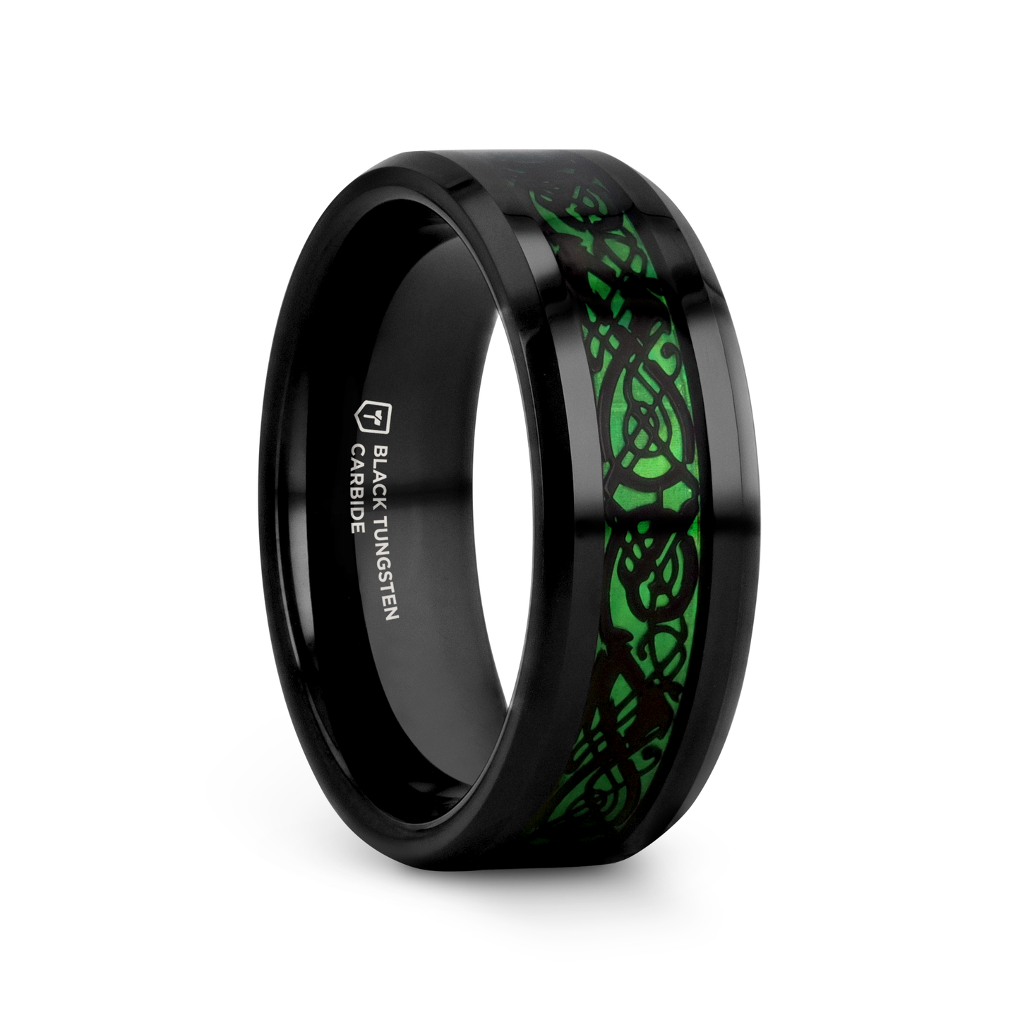 ALLURE Black Dragon Design with Green Background Inlaid Black Tungsten Men's Ring, Clear Coating, Beveled Edge - 8mm