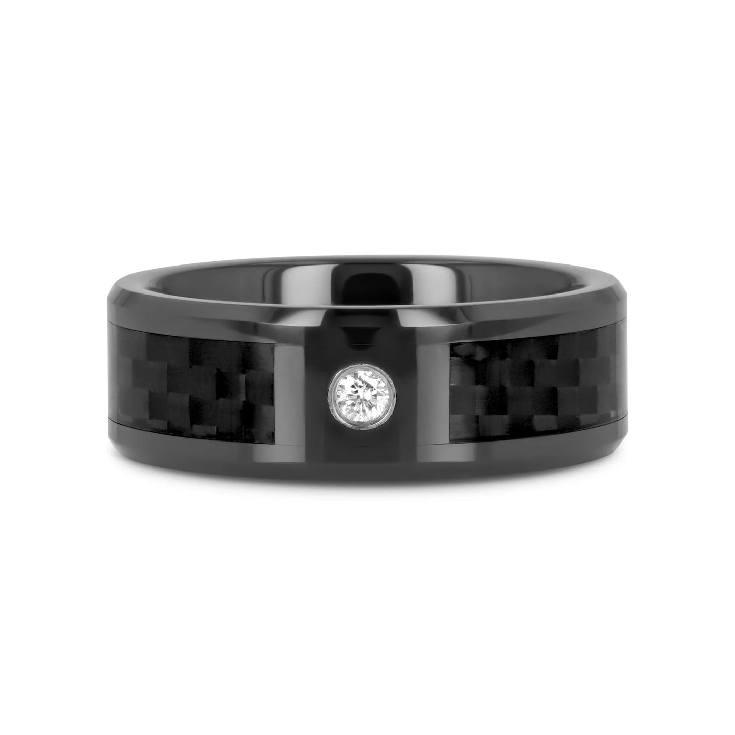 ANGUS Black Ceramic Wedding Band with Black Carbon Fiber Inlay and White Diamond- 8mm