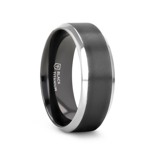 ATNOS Men’s Black Titanium Wedding Ring with Brushed Center and Polished Beveled Edges — 6mm & 8mm