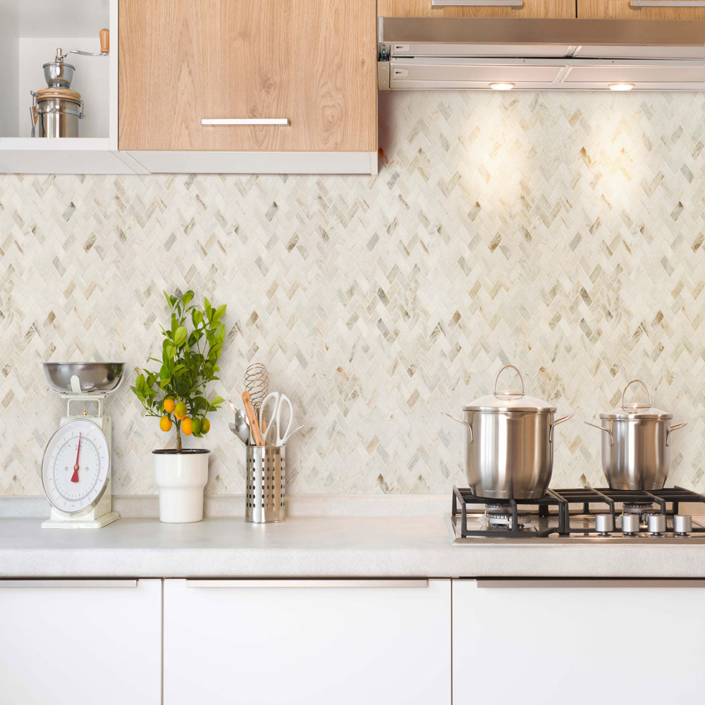 Arabescato Venato White 1"x2" Herringbone Honed Marble Mesh Mounted Mosaic Tile - MSI Collection