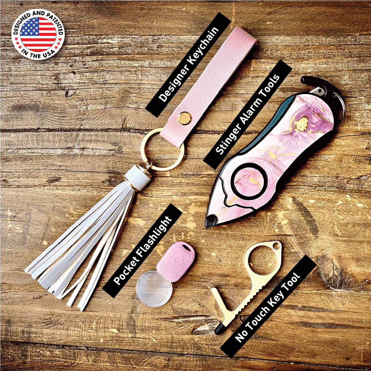 Personal Alarm Keychain Set: Safety Panic Alarm Siren, Seatbelt Cutter, Car Window Breaker, Wristlet Keychain, Contactless Key Tool, Pocket Flashlight (Pink Marble)