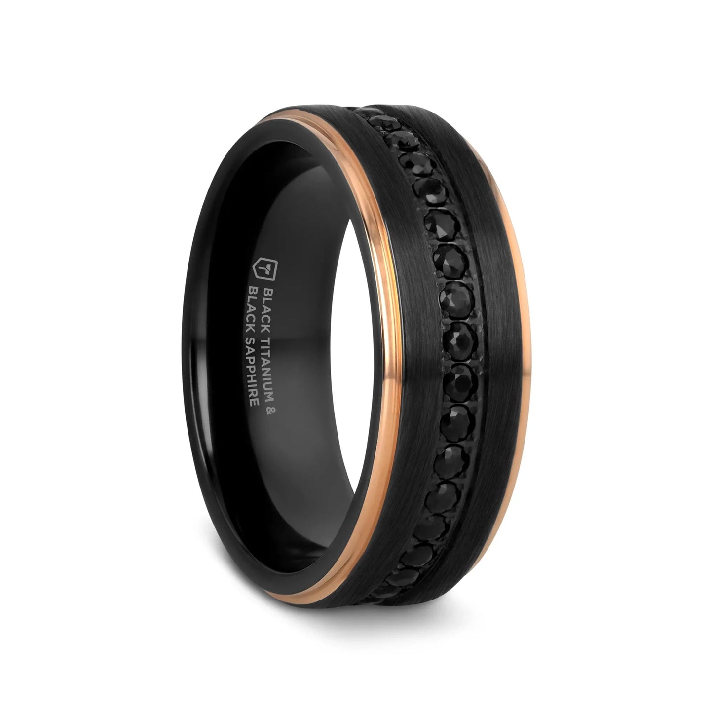 ASTRO Flat Brushed Black Titanium Ring with Rose Gold Plated Edge and Black Sapphire Settings All Around - 8mm
