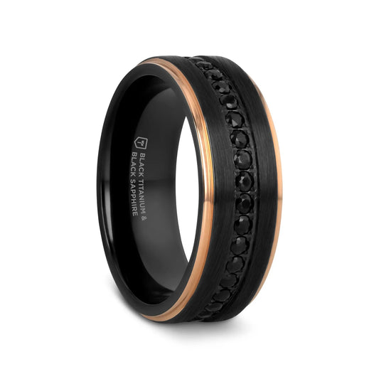 ASTRO Flat Brushed Black Titanium Ring with Rose Gold Plated Edge and Black Sapphire Settings All Around - 8mm