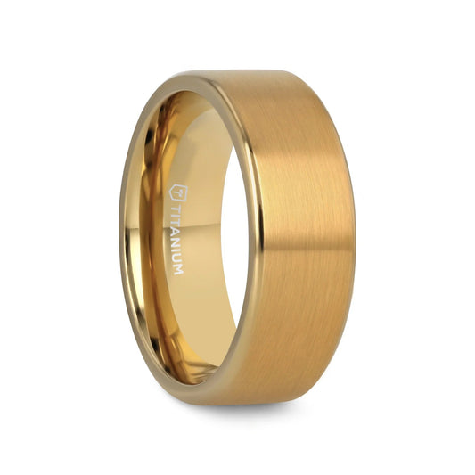AURELIANO Yellow Gold Plating Titanium Men's Wedding Band With Flat Brushed Finish Center And Rounded Polished Edges - 8mm