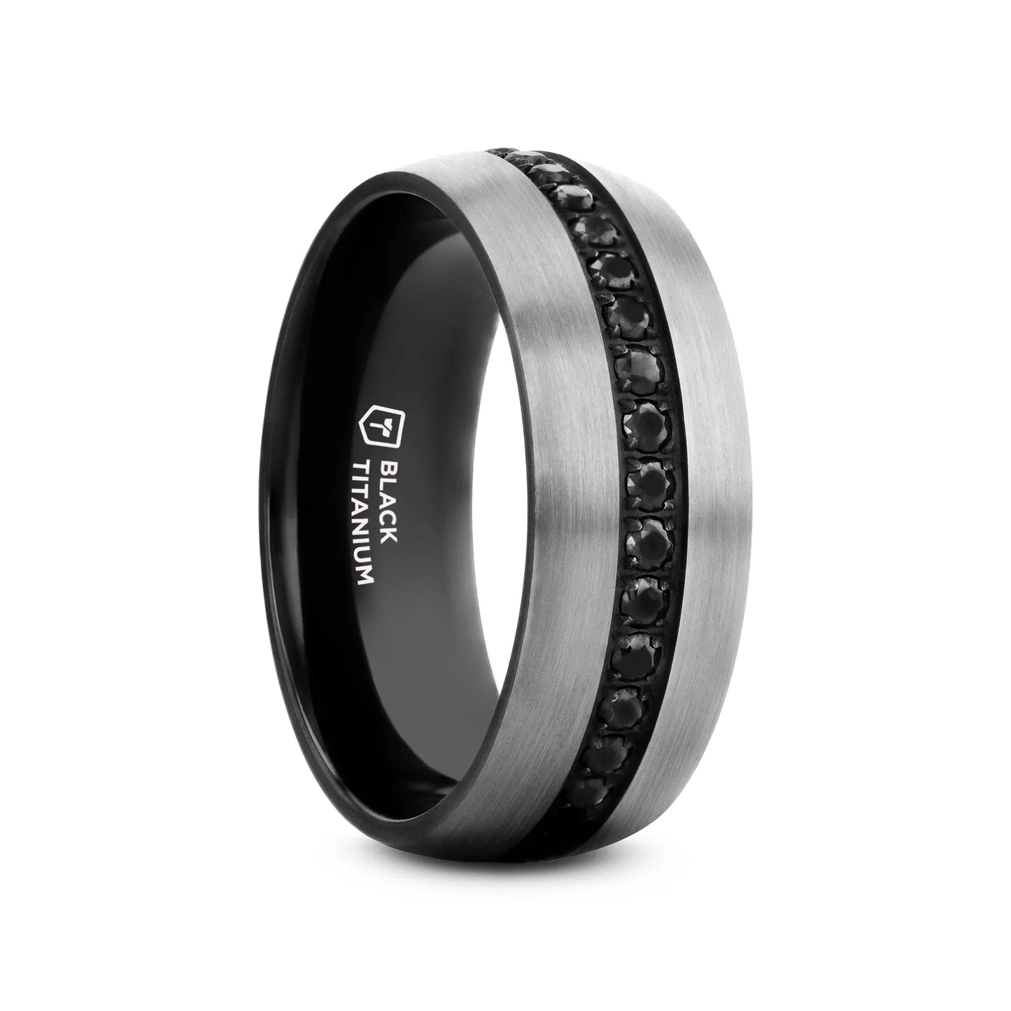 AVIATOR Domed Brushed Titanium Men's Wedding Band with Black Sapphire Stones Inlay - 8mm