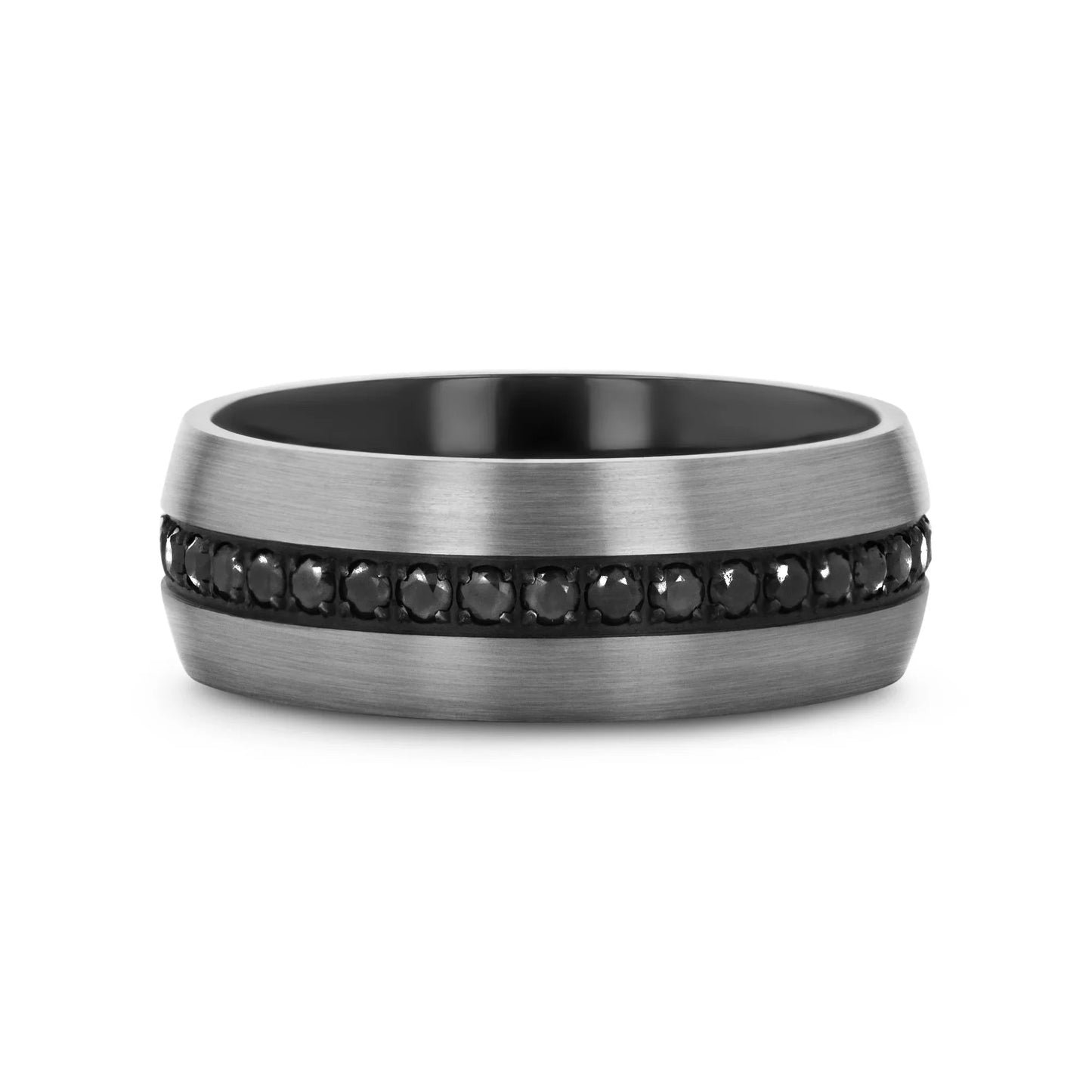 AVIATOR Domed Brushed Titanium Men's Wedding Band with Black Sapphire Stones Inlay - 8mm