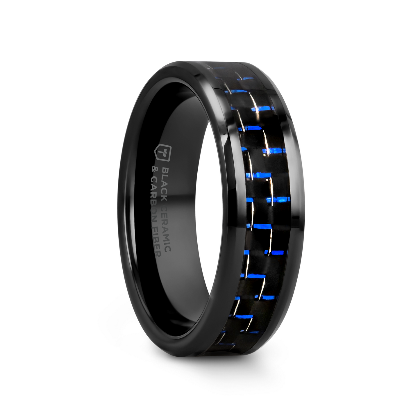 AVITUS Black Beveled Ceramic Ring with Blue & Black Carbon Fiber Inlay - 4mm - 10mm