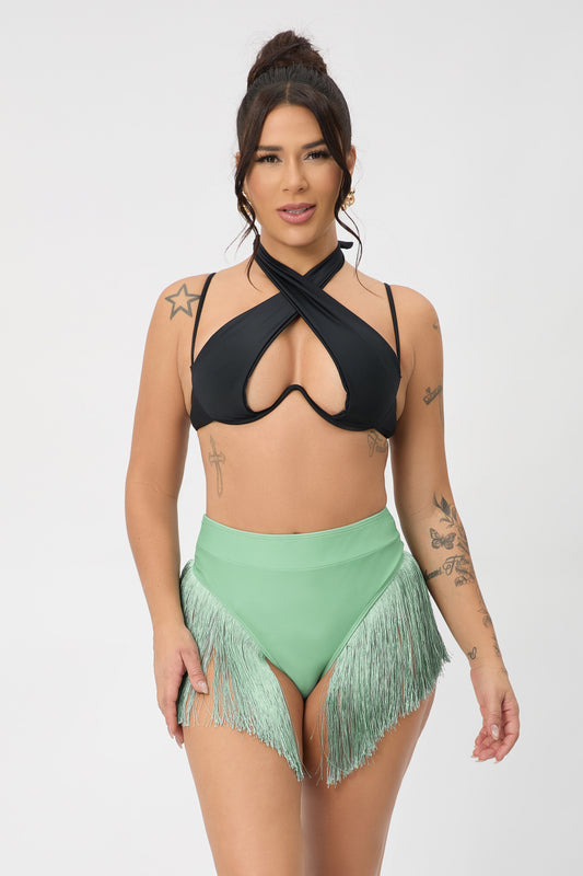 Three colors solid color tassel decor high waist sexy swim bottoms