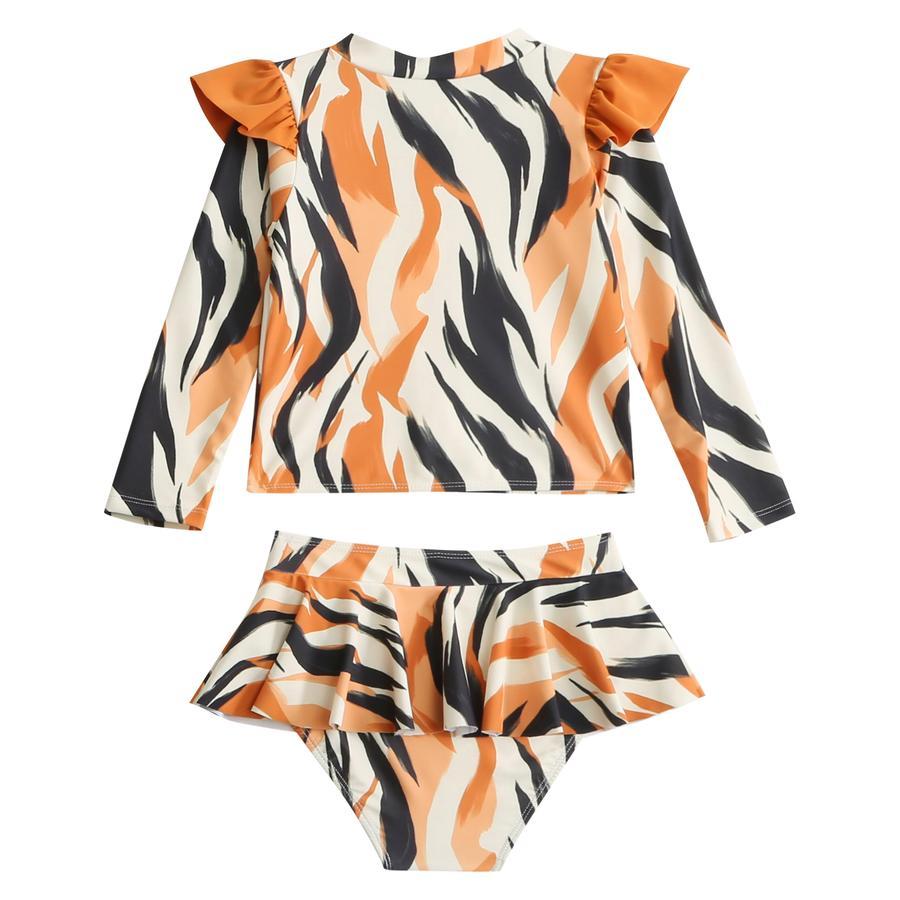 Girl teen stylish irregular stripe print unpadded long sleeve two-piece swimsuit