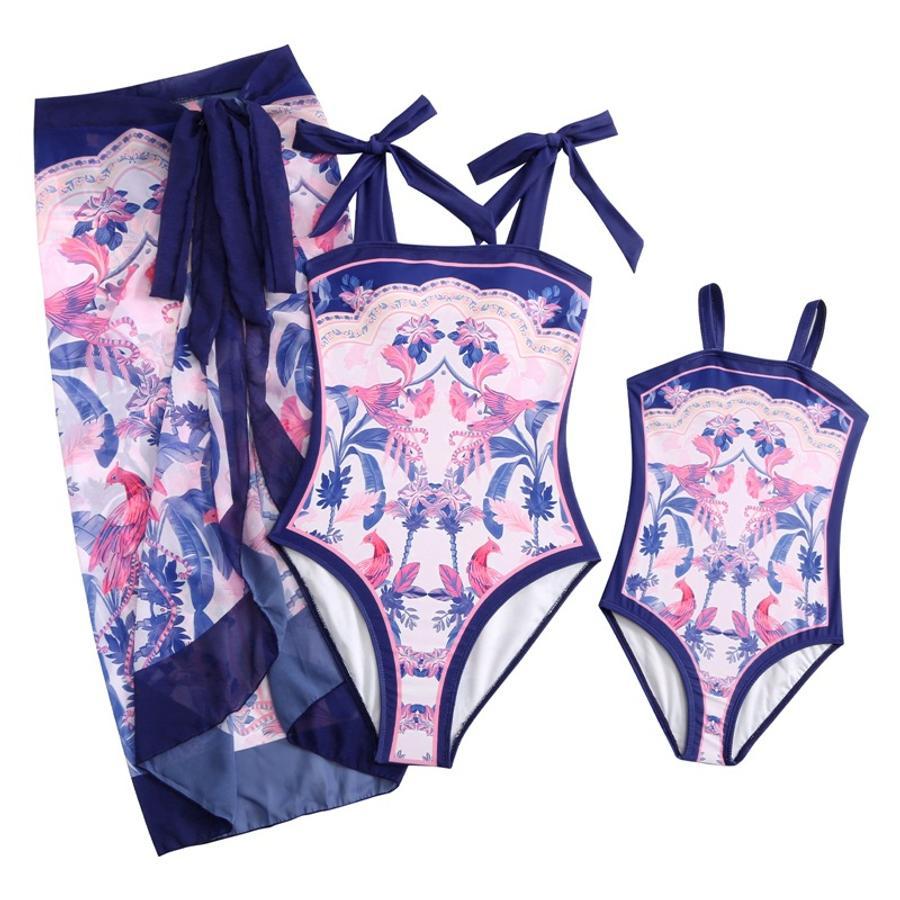Girl teen matching swimwear bird and flower print non-padded one-piece swimsuit