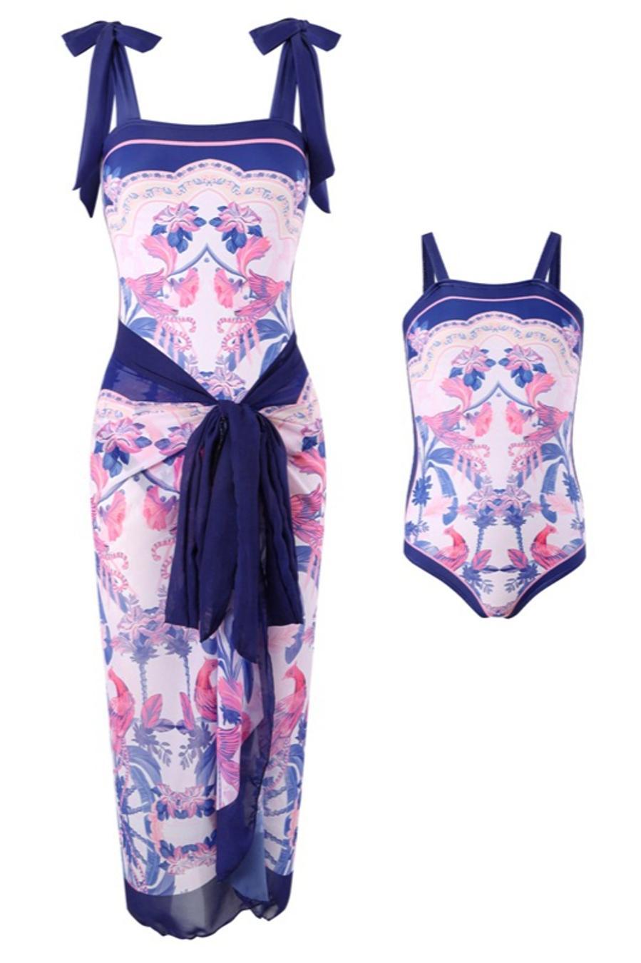 Girl teen matching swimwear bird and flower print non-padded one-piece swimsuit
