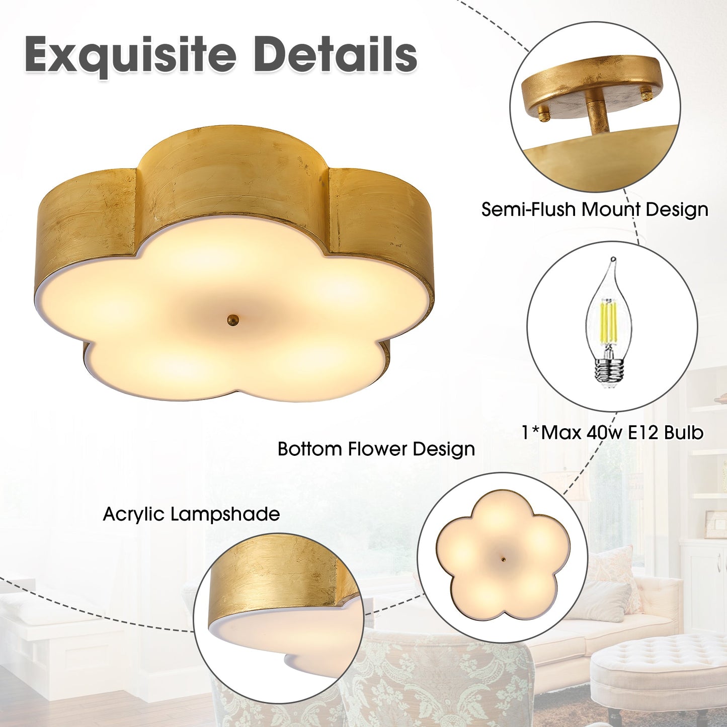 20 Inch Joyce 5-Light Vintage Golden Semi-Flush Mount Ceiling Light