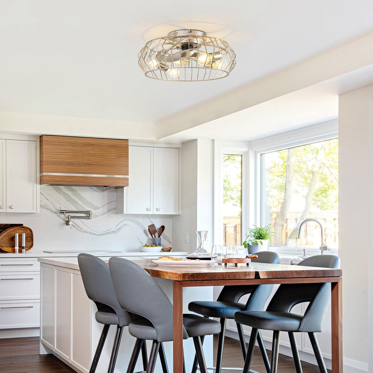 20 Inch Silver Flush Mount Ceiling Fan with Light APP and Remote Control