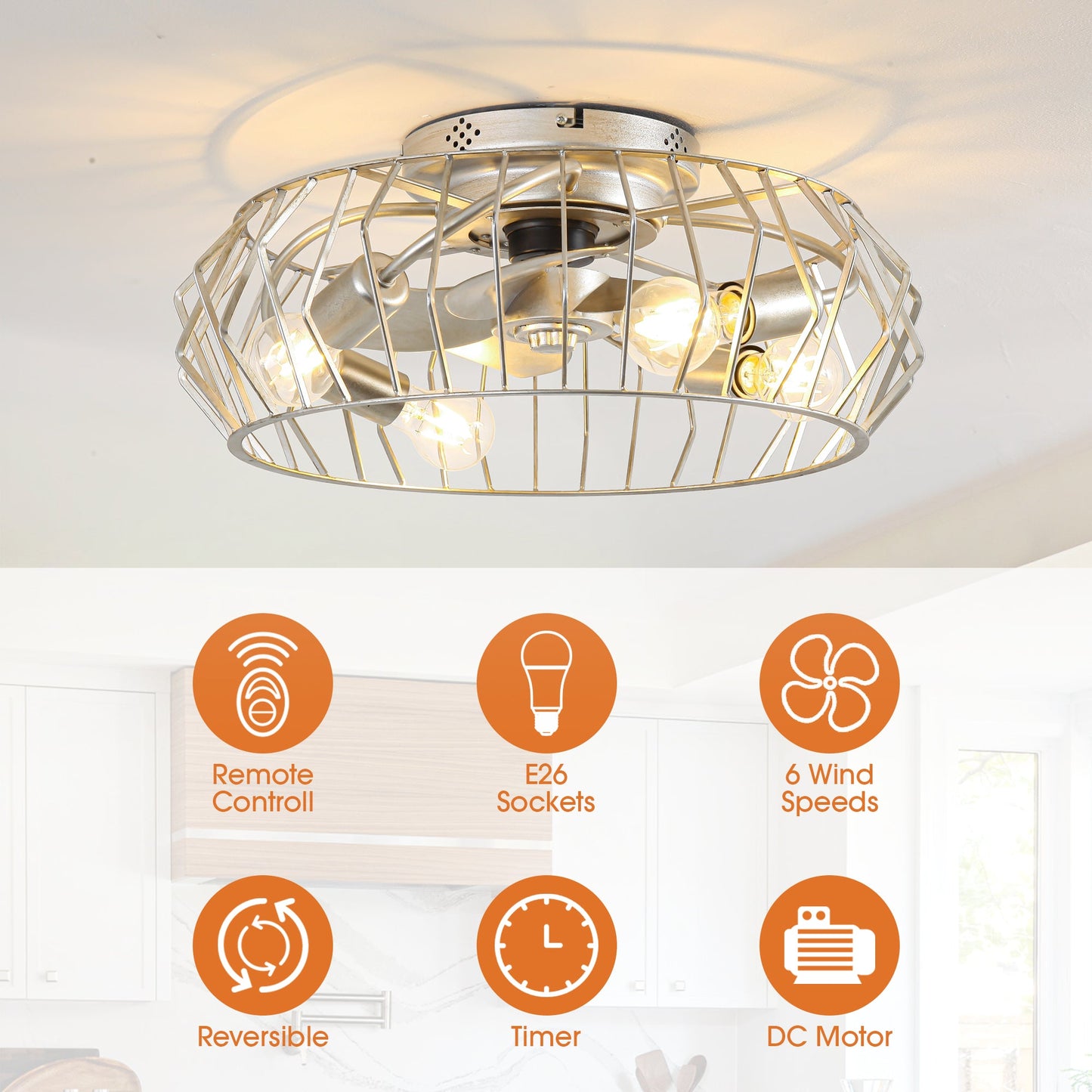 20 Inch Silver Flush Mount Ceiling Fan with Light APP and Remote Control