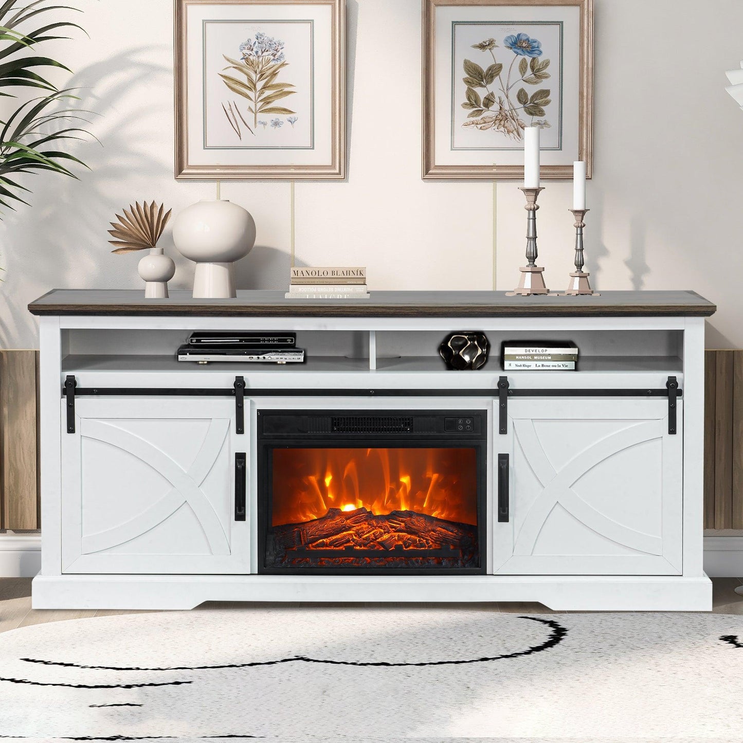 68" Farmhouse TV Stand with 23" Insert Opening Electric Fireplace