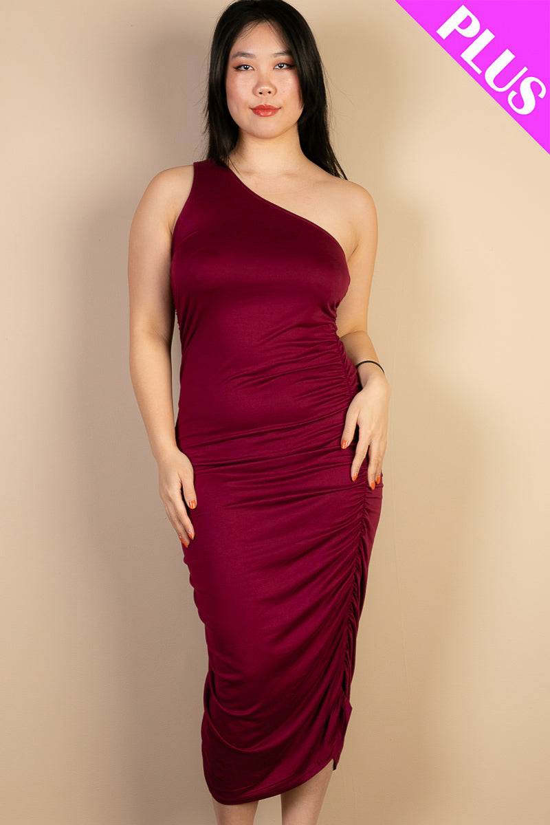 Plus Size Sexy Solid Color Ruched One Shoulder Midi Bodycon Dress (CAPELLA)