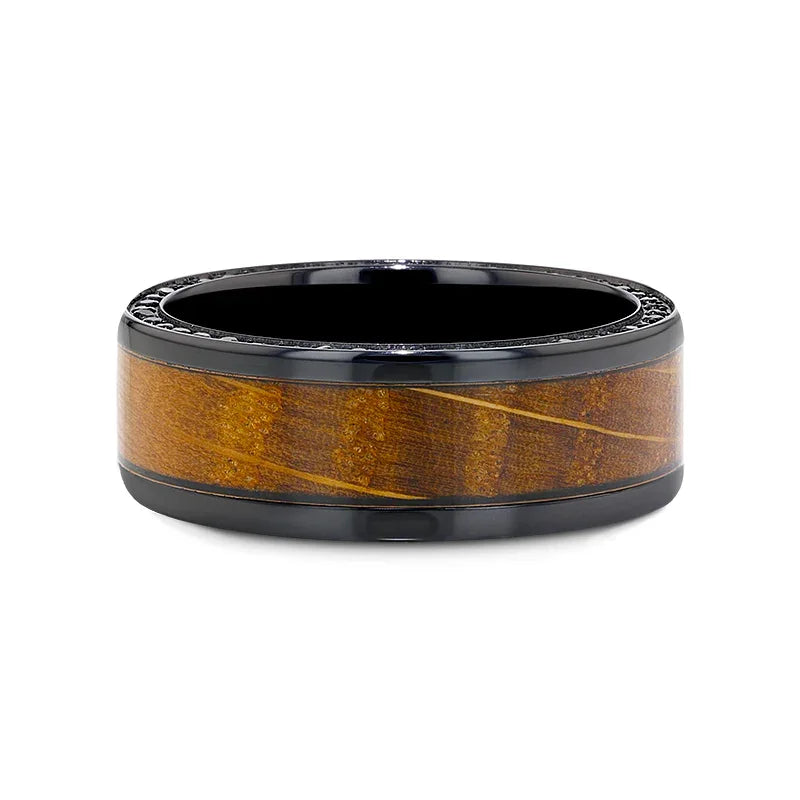 BOURBON Black Zirconium Ring with Whiskey Barrel Wood Inlay and Black Sapphires - 8mm