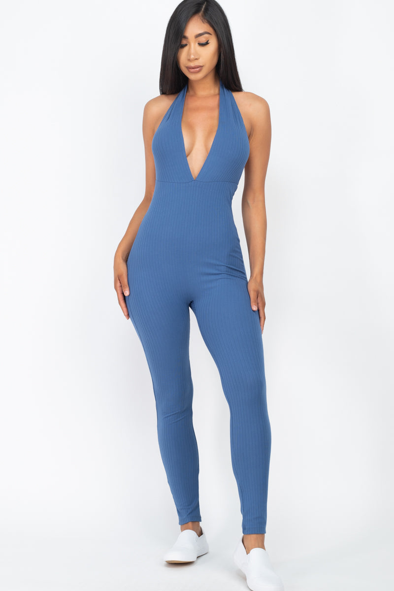 Halter V Neck Ribbed Bodycon Jumpsuit (CAPELLA)