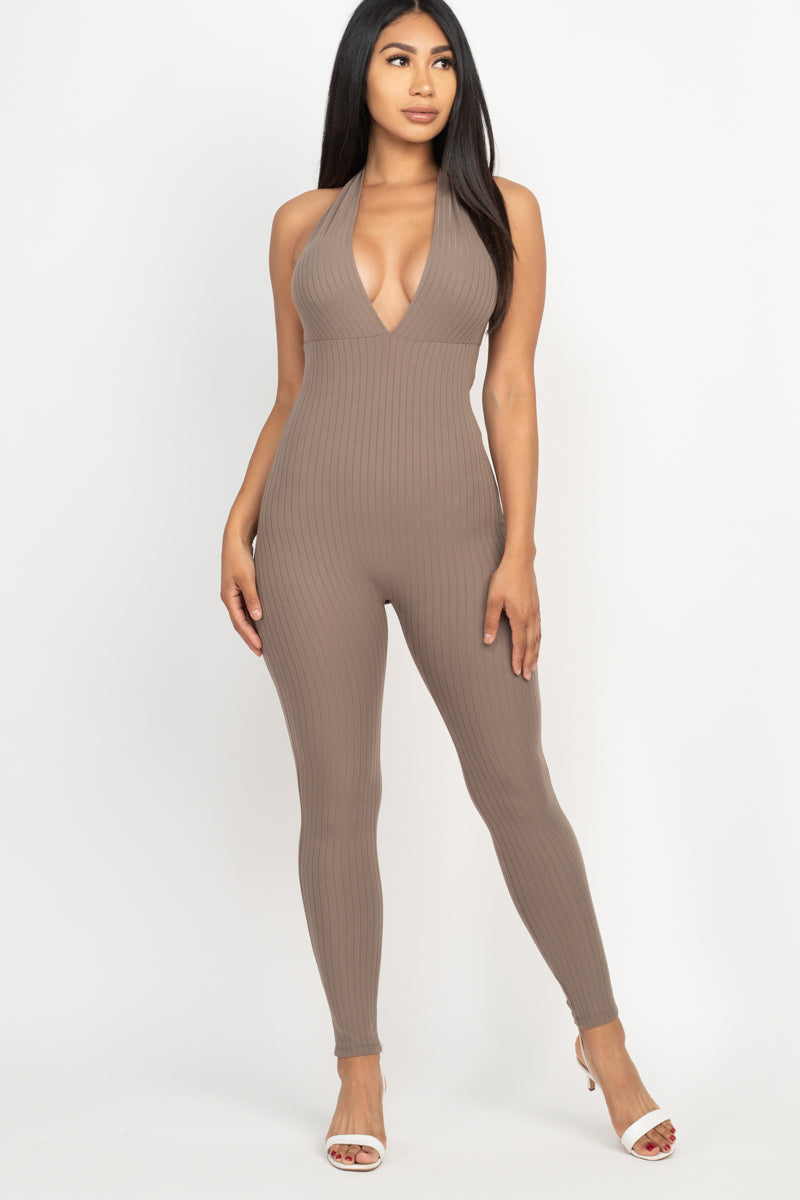 Halter V Neck Ribbed Bodycon Jumpsuit (CAPELLA)