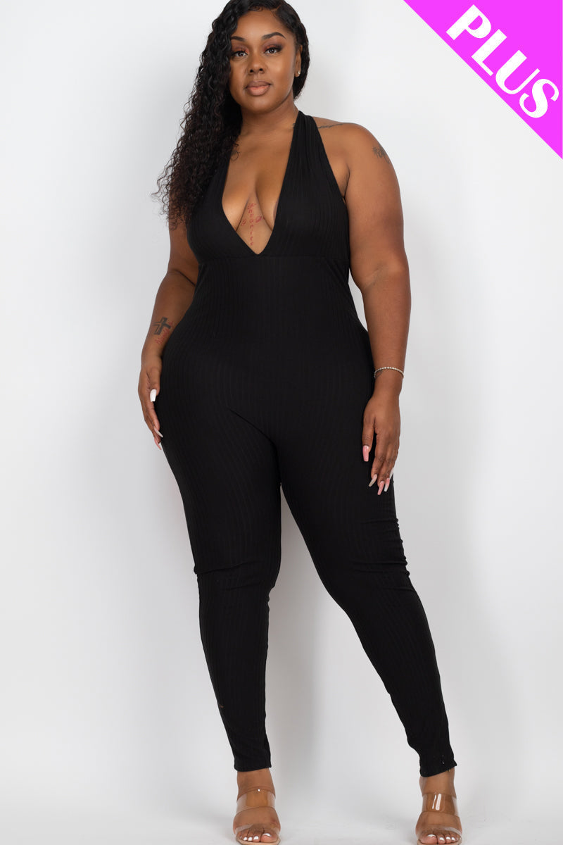 Plus Size Halter V Neck Ribbed Bodycon Jumpsuit (CAPELLA)
