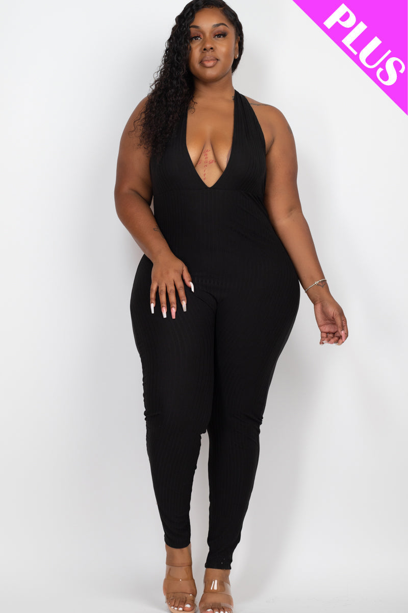 Plus Size Halter V Neck Ribbed Bodycon Jumpsuit (CAPELLA)