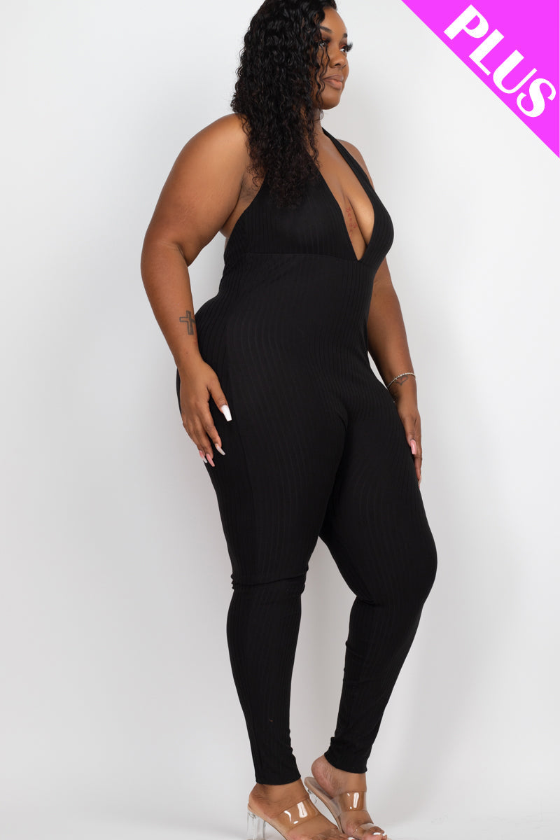 Plus Size Halter V Neck Ribbed Bodycon Jumpsuit (CAPELLA)