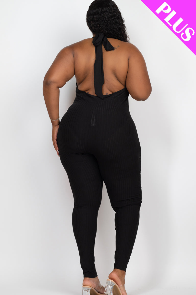 Plus Size Halter V Neck Ribbed Bodycon Jumpsuit (CAPELLA)